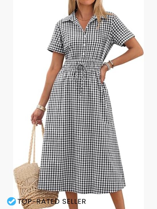 Dresses & Skirts - Striped Midi Dress Button Front A-Line Summer Rayon Shirt Dress Pockets